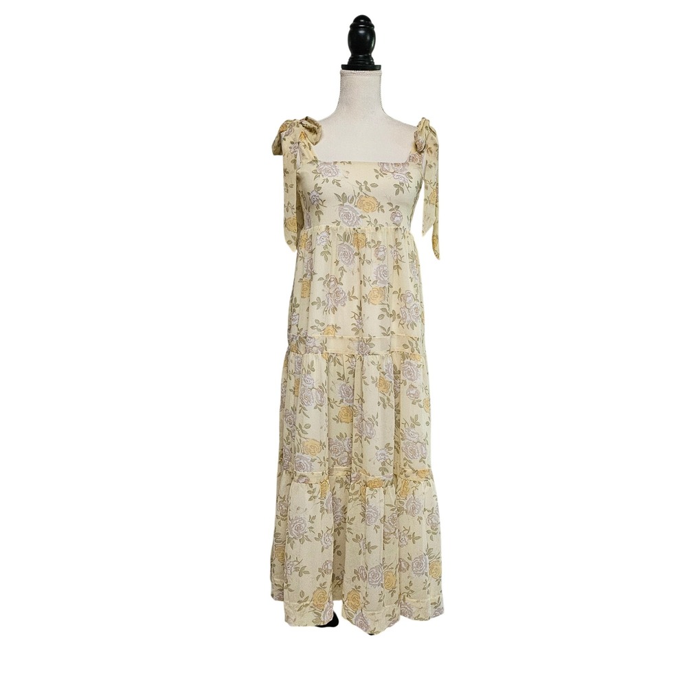 NWT En Saison Yellow Floral Tiered Tie Shoulder Empire Waist Midi Dress Size XS